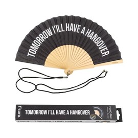 FISURA Original hand fan with the message I will have a hangover. Modern and fun wooden fan. Black fan. Fan with fan holder. Dimensions: 42.5 x 23 cm.