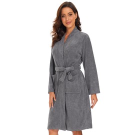 Knuffnee Terry Cloth Robe for Women Bathrobe Knee Length Bath Gown Lightweight Kimono Robe Grey XL