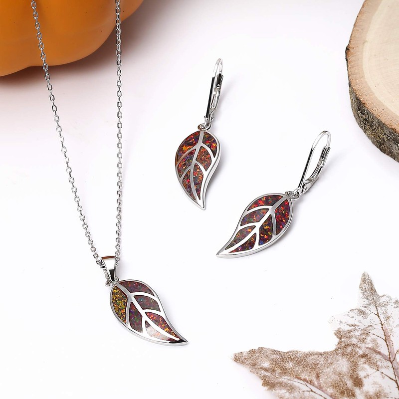 Gemstone Created Orange Brown Fire Opal Inlay Nature Leaf Pendant