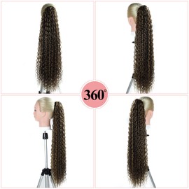 Fashion lcon 30 inch Long Drawstring Ponytail Extensions Highlights Clip in curly Ponytail Hair Extensions Dark Brown Mix Blonde Synthetic Long Drawstring ponytail for Women Blonde(#P4/27)
