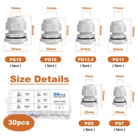 eROOSY 30 Pcs Cable Glands Waterproof PG7 PG9 PG11 PG13.5 PG16 PG19 Adjustable Cable Glands, Nylon Cable Glands for Cables with a Diameter of 3-15mm, Waterproof Nylon Cable Glands, White