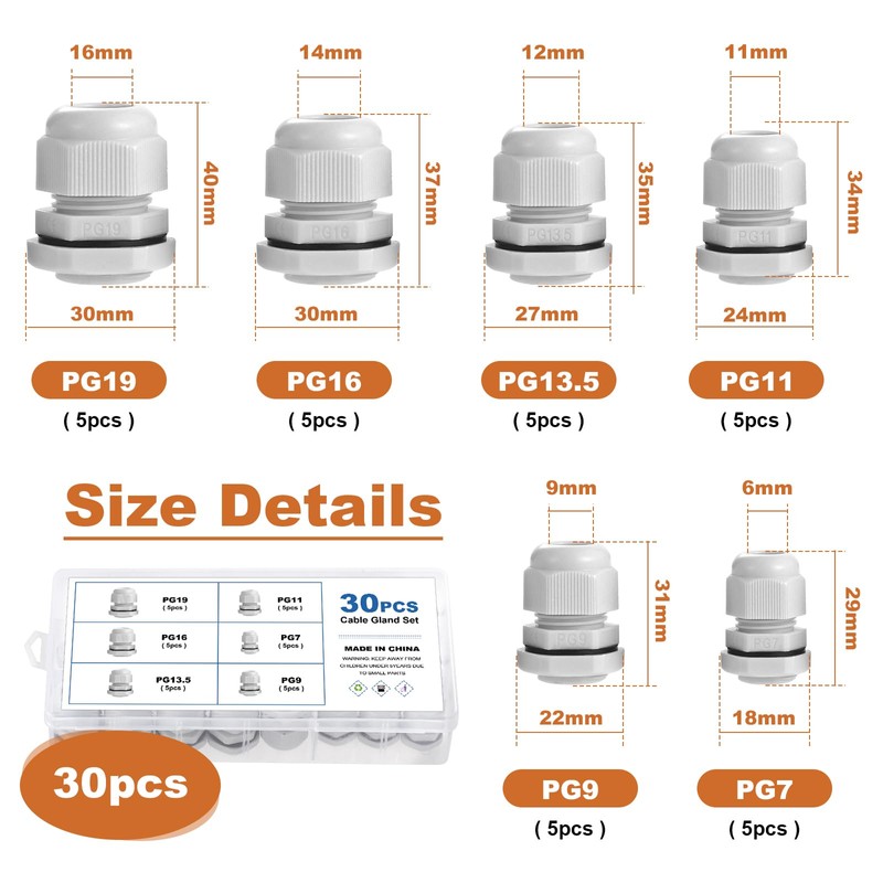 eROOSY 30 Pcs Cable Glands Waterproof PG7 PG9 PG11 PG13.5