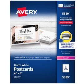 Avery Printable Postcards with Sure Feed Technology, 4" x 6", White, 100 Blank Postcards for Laser Printers (5389)