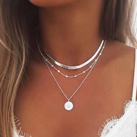 ZZ ZINFANDEL Gold Plated Layered Necklace for Woman Choker,Gold/Silver Dainty Necklaces Beaded Chains Pendant Snake Chain Herringbone Paperclip Necklace (Sliver)