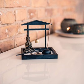 Flanacom Zen Garden with Buddha Figurine, Japanese Miniature Garden, Feng Shui Incense Holder, Esoteric Set with 3 Incense Sticks - Lucky Charm from Buddhism and Daoism