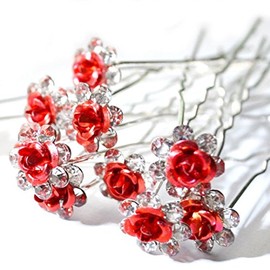 Mont Cherry 10pcs/lot Rose Flower Crystal Rhinestone Wedding Party Bridal Prom Hair Pin Hair Clips Accessory sold by Trendz (Red)