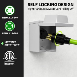 POWGRN 25Feet 30 Amp Generator Extension Cord 4 Prong,Heavy Duty NEMA L14-30P/L14-30R,125/250V 7500W,Green 10 Gauge SJTW Twist Locking Generator to House Power Cords with Cord Organizer,ETL Listed