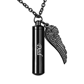 MEMORIALU Black Bullet Urn Necklaces for Ashes Dad Angel Wing Charm Cremation Jewelry Men Stainless Steel Keepsake Memorial Pendant