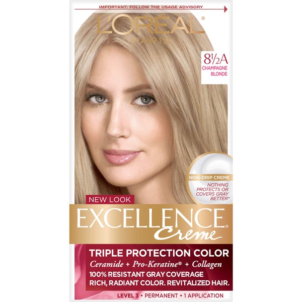 L'Oreal Paris Excellence Creme Permanent Hair Color, 8.5A Champagne Blonde, 100% Gray Coverage Hair Dye, Pack of 1