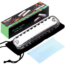 Junior Harmonica,Smoothly Rounded Edge 10 Holes C Key Blues Mouth Organ Harmonica for beginners as ,with Fabric Cloth Pouch,Colourful Box, Red - Colour: black