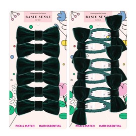 Basic Sense 12pcs Girls' Velvet Bow Hair Accessories – School Hair Clips & Hair Ties Set Dark Green