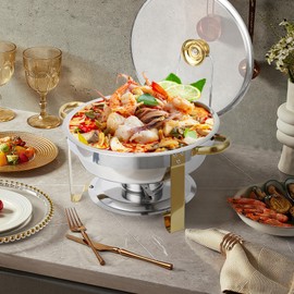 LinTimes Chafing Dish for Buffet Set of 2, 5QT Stainless Steel Round Chafing Dishes for Buffet with Visible Glass Lid and Holder, Buffet Servers and Warmers for Parties, Wedding, Catering, Gold