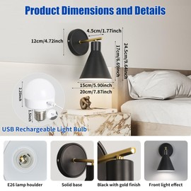 Bailoch Black Rechargeable Batttery Operated Wall Sconces Set of 2, Wireless Battery Powered Non Hardwired Wall Lights, 300LM Dimmable Cordless Lamp Fixure with Remote for Bedroom Living Room Hallway