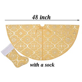 LOZACHE Christmas Tree Skirt, 48 inches Large Red Flannel Tree Mat with Gilded Christmas Patterns Skirt for Xmas Tree Holiday Party Decorations Indoor Outdoor with 1 Christmas Stocking (Yellow)