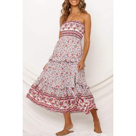 ZESICA Women's Summer Boho Strapless Maxi Dress 2026 Casual Off Shoulder Smocked Floral Flowy A Line Beach Long Dresses,Pink,Small