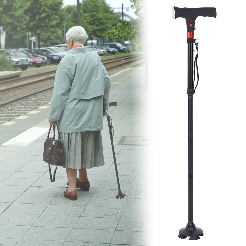 Aluminum Alloy Folding Light Cane Elderly Four‑legged with Lamp Non‑slip