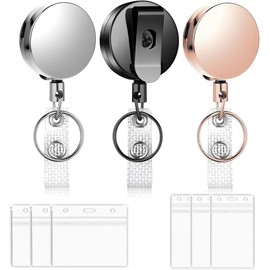 3 Pcs Llavero Retráctil, Gafete de Metal Electrochapado con 6 Pcs Estilo para Tarjetas, Porta Gafete Retráctil con Cable de 21", para Llavero, Identificación, Crédito, Proximidad