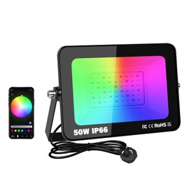 RIGIDON 1X 50W Smart Outdoor RGB LED Floodlight with Plug, APP Remote Control, Dimmable Colour Changing Flood Light for Garden Courtyard Landscap Party Stage Decoration, IP66 Electric Mains Powered