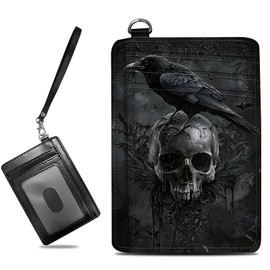BWEGRHE Small Travel Wallets, Crow Skull Slim Minimalist Front Pocket Wallet with Wristlet, RFID Blocking PU Leather Credit Card Holder with ID Window Change Purse for Men Women