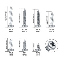 Pack of 335 Self Tapping Screws, M3 Rounded Head Screws, Tapping Screws, Wood Screws, Phillips Screws, Carbon Steel Round Head Screws for Plastic, Wood, Metal