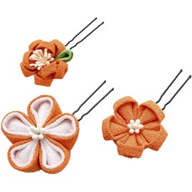 [Kanza Store] Knob Craft, Flower Hair Ornament, Hair Accessory, Corsage, Hair Clip, Hanging Ornament, Crepe, Coming of Age of Age Ceremony, Shichi-Go-San Graduation, Wedding, Kimono, Hakama, Yukata, Furisode, Mail Order (Orange 2) Set of 3