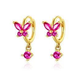 Mini Huggie Hoop Earrings With Dangle Charm 925 Sterling Silver Gold Tiny Small Cz Cubic Zirconia Butterfly Flower Dangling Hoop Earrings, Cubic Zirconia, Cubic Zirconia