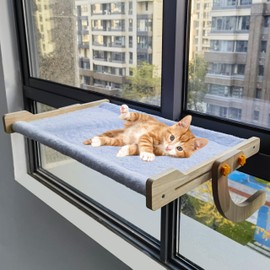 Lingdewy Cat Window Perch, 24.8'' Sturdy Solid Wood Frame with Plush Padding, Adjustable Cat Hammock for Large Cats and Kittens, Suitable for Windowsill, Bedside, Cabinet