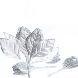 Factory Direct Craft Silver Glitter Trimmed Rose Leaves