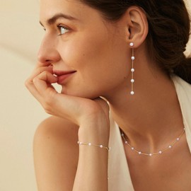 FUNRUN JEWELRY Pearl Necklace for Women 14K Gold Plated Pearl Necklace and Drop Earrings Set Adjustable Dainty Pearl Bracelets Trendy Pearl Jewelry(A)