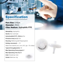 Hydrophilic PTFE Syringe Filters 25mm Diameter 0.45μm Pore Size Laboratory Filters by Allpure Biotechnology [Pack of 100] (Hydrophilic PTFE)