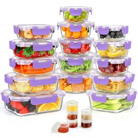 42pcs Glass Food Storage Containers with Lids Set, 21 Containers & 21 Lids Glass Meal Prep Containers with Snap Locking Lid Set, Leak Proof Lunch Container BPA-Free,Purple