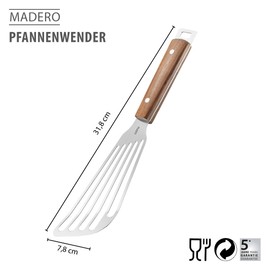 GEFU Madero Spatula Flat Kitchen Turner with Stainless Steel Surface and Walnut Wood Handle Flexible, Perforated, Ergonomic, with Hanging Loop