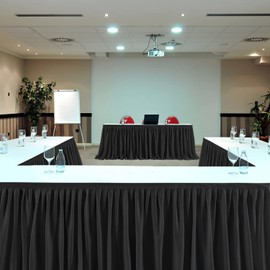 Partisky Black Polyester Table Skirt for Rectangle Tables 17ft, Wrinkle Resistant Pleated Ruffle Table Cloth for Banquet Wedding Trade Baby Shower Display Gift Dining Table