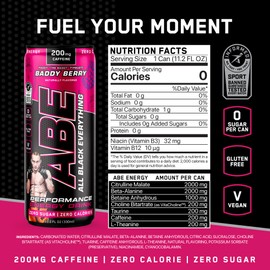 ABE Energy + Performance Sugar Free Energy Drink - All Black Everything Drink With Caffeine, VitaCholine, Dynamine, Citrulline Malate (11oz Can - Pack of 12) (Baddy Berry)