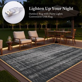 MontVoo Outdoor Rug Waterproof 9x12 ft with Strip Lights Outdoor Patio Rug Mat Reversible Plastic Straw Rug Outside Outdoor Rug for RV Camping Picnic Balcony Backyard