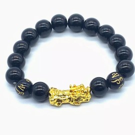 Unbranded 2pcs Feng shui Luck Black Bead Bracelet Golden Pi Xiu/Pi Yao Nice Gift Bracelet