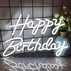 Happy Birthday Neon Signs for Party Decor Dimmable LED Birthday Neon Light for Wall Decor Light Up Happy Led Signs for Backdrop Birthday for Any Ages Bday Celebration, White