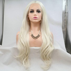 Platinum Blonde Natural Wavy Synthetic Lace Front Wigs Drag Queen Wig Cosplay Festival Holidays For Women Natural Hairline Natural Looking Fashion Wigs Daily Wear Drag Queen Cosplay Wear