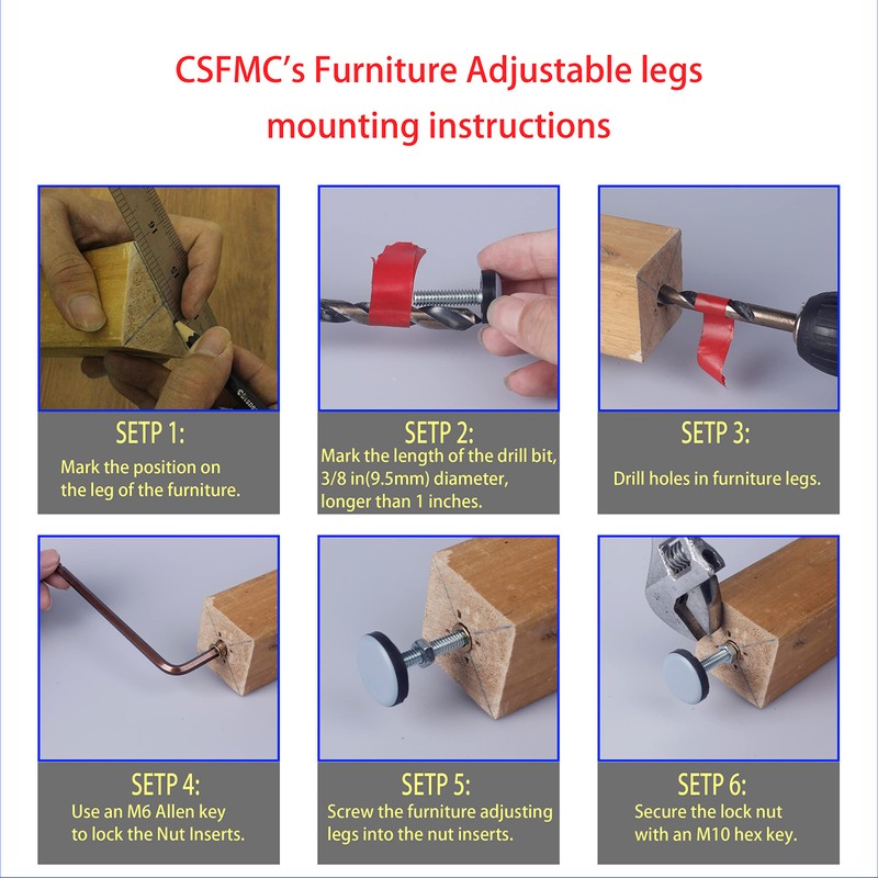 CSFMC Furniture Leveler PTFE(Teflon) Bottom(20mm Base),Threaded Shank(1/4-20) Adjust Pads,Table/Chair/Cabinet/Sofa Medium