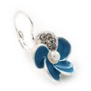 Small Blue Enamel Diamante Flower Drop Earrings In Silver Tone/