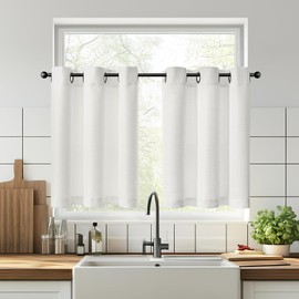 TOPICK Net Curtains Kitchen Set of 2 60 H x 95 W cm White Bistro Curtain with Eyelets Modern Curtains Short Semi-Transparent Linen Look Kitchen Curtains for Small Windows Motorhome Kitchen Window