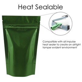 Rightpak Stand Up Pouches 100 Pieces 8cm x 13cm, Green Shiny Heat Sealable Tear Notches Smell Proof for Food Storage with Ziplock