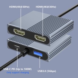 USB C to Dual HDMI Adapter for 2 Monitors, 4-in-1 HDMI Splitter for Dual Monitors Extended Display Support SST/MST with USB3.0/100W PD, USB C Docking Station Double Monitor for MacBook/Dell/HP Laptop