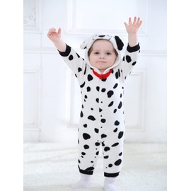 maxToonrain Baby Dalmatian Dog Costume Romper Toddler Boys & Girls Role-Playing Outfit with Zipper Hooded Flannel Dalmatian Onesie Pajamas (6-11 Months)