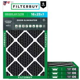 Filterbuy 16x25x1 Air Filter MERV 8 Odor & Allergy Defense with Activated Carbon (4-Pack), Electrostatic Pleated HVAC AC Furnace Filters Replacement, Made in USA (Actual Size: 15.50 x 24.50 x 0.75)