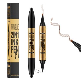 MOTIBACK 2-in-1 Dual-Ended Gold Eyebrow Pencils for Women with 4-Fork-Tip & Precise Brush-Tip Light Brown + Eyeliner (Black)