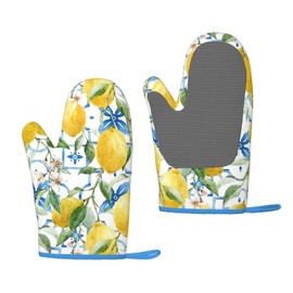 Oven Mitts Set of 2 with Silicone and Lemon Printing Cotton Lining, Heat Resistant to 500 F Kitchen Oven Gloves for Cooking