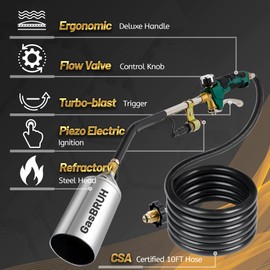 GasBRUH Propane Torch Burner Weed Torch,360,000 BTU Heavy Duty Blow Torch with Turbo Trigger and 10 FT Hose,propane weed burner torch with Igniter,Flame throwe for Weed,Garden,Wood,Charcoal,Ice Snow