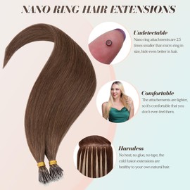 Benehair Nano Tip Hair Extensions Real Human Hair Invisible #4 Medium Brown Nano Beads & Ring Extensions Straight Soft 50 Strands