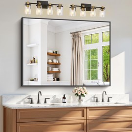 YIROMAN Bathroom Mirror for Wall 48"x36", Large Matte Black Bathroom Mirror with Metal Frame, Rectangular Vanity Mirror with Right Angles, Hangs Horizontal or Vertical for Living Room